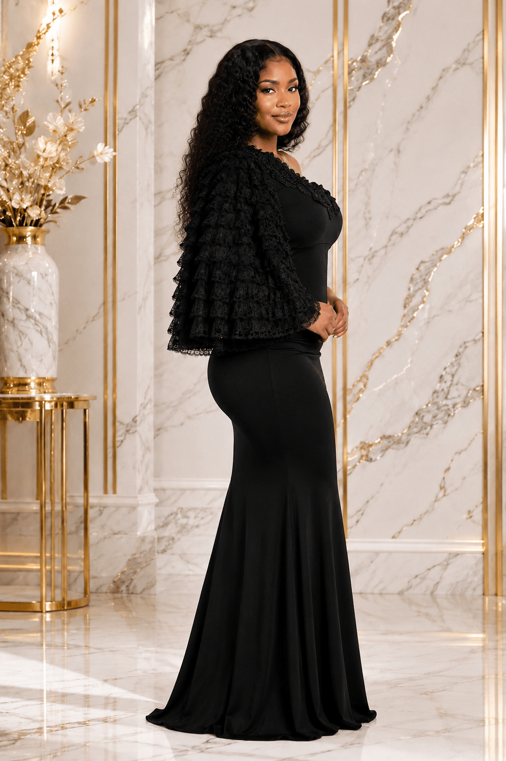 Women's One-Shoulder Mermaid Maxi Evening Dress – Elegant Ruffle Sleeve Formal Dress - Maxi Dress - Cherubim Aura