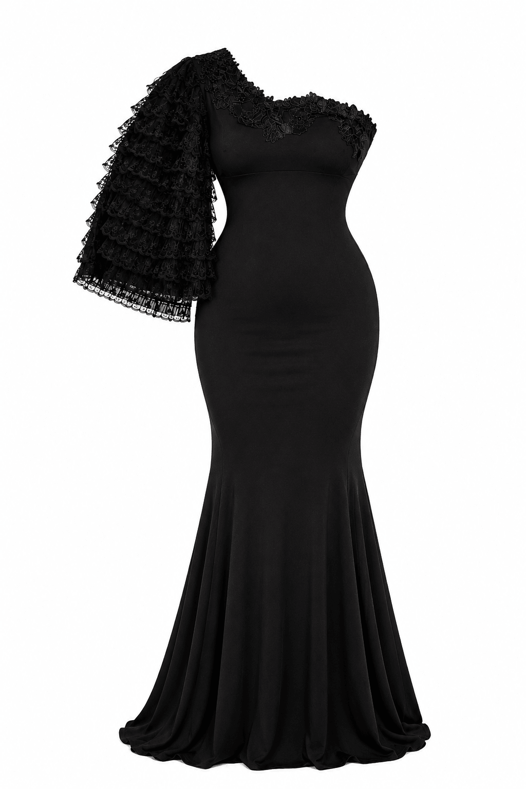 Women's One-Shoulder Mermaid Maxi Evening Dress – Elegant Ruffle Sleeve Formal Dress - Maxi Dress - Cherubim Aura