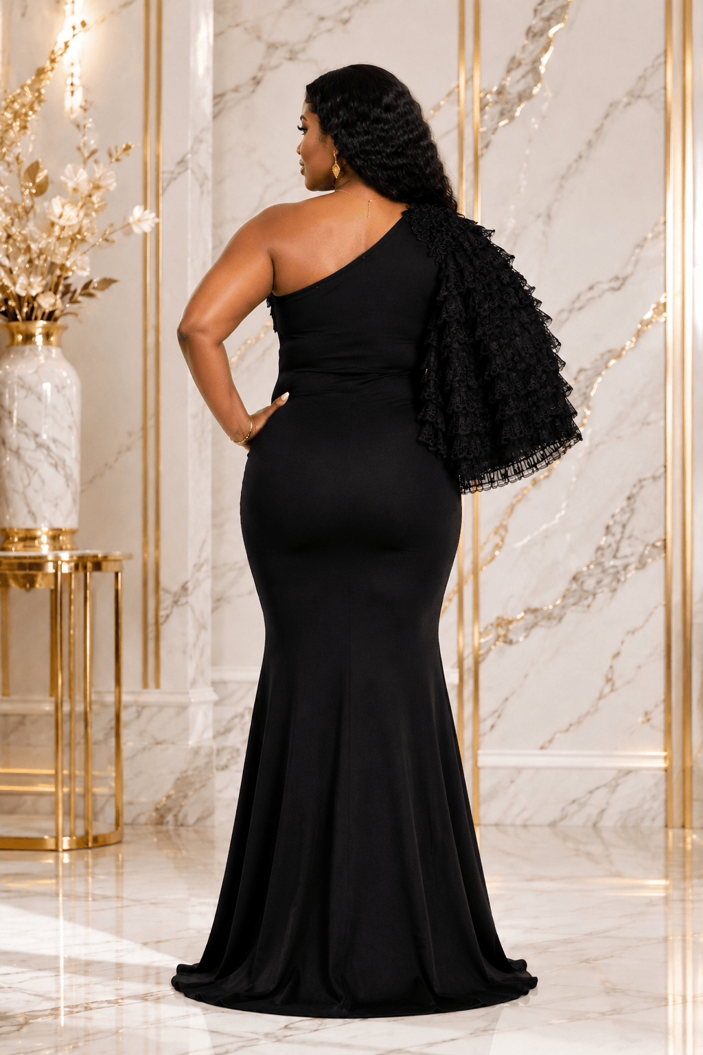 Women's One-Shoulder Mermaid Maxi Evening Dress – Elegant Ruffle Sleeve Formal Dress - Maxi Dress - Cherubim Aura