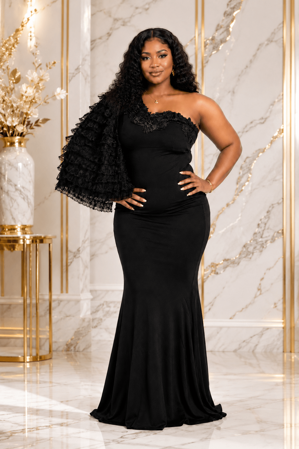 Women's One-Shoulder Mermaid Maxi Evening Dress – Elegant Ruffle Sleeve Formal Dress - Maxi Dress - Cherubim Aura