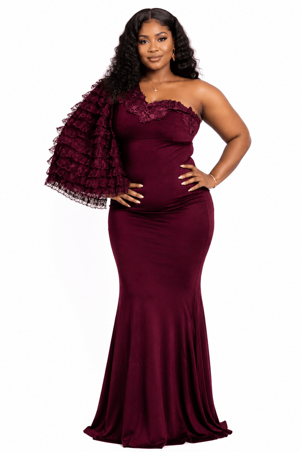 Women's One-Shoulder Mermaid Maxi Evening Dress – Elegant Ruffle Sleeve Formal Dress - Maxi Dress - Cherubim Aura