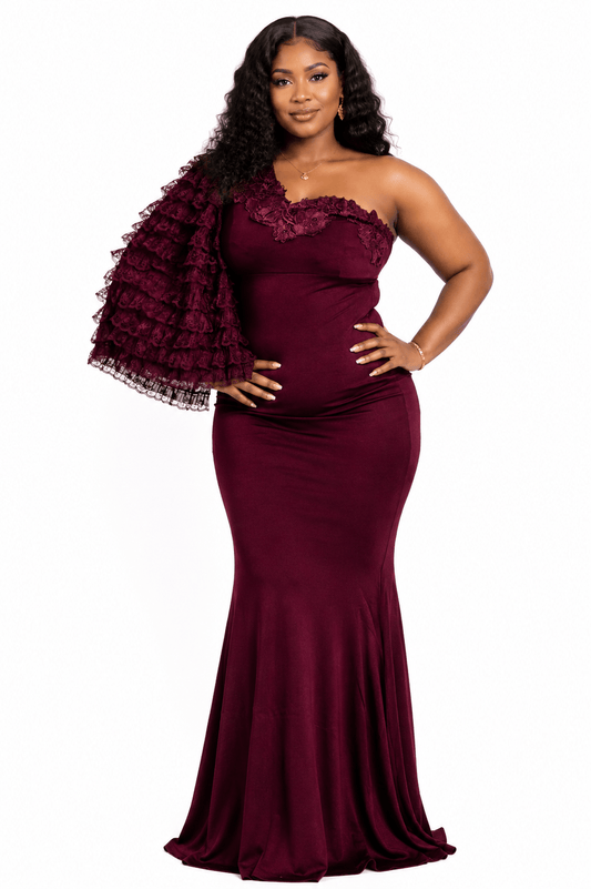 Women's One-Shoulder Mermaid Maxi Evening Dress – Elegant Ruffle Sleeve Formal Dress - Maxi Dress - Cherubim Aura