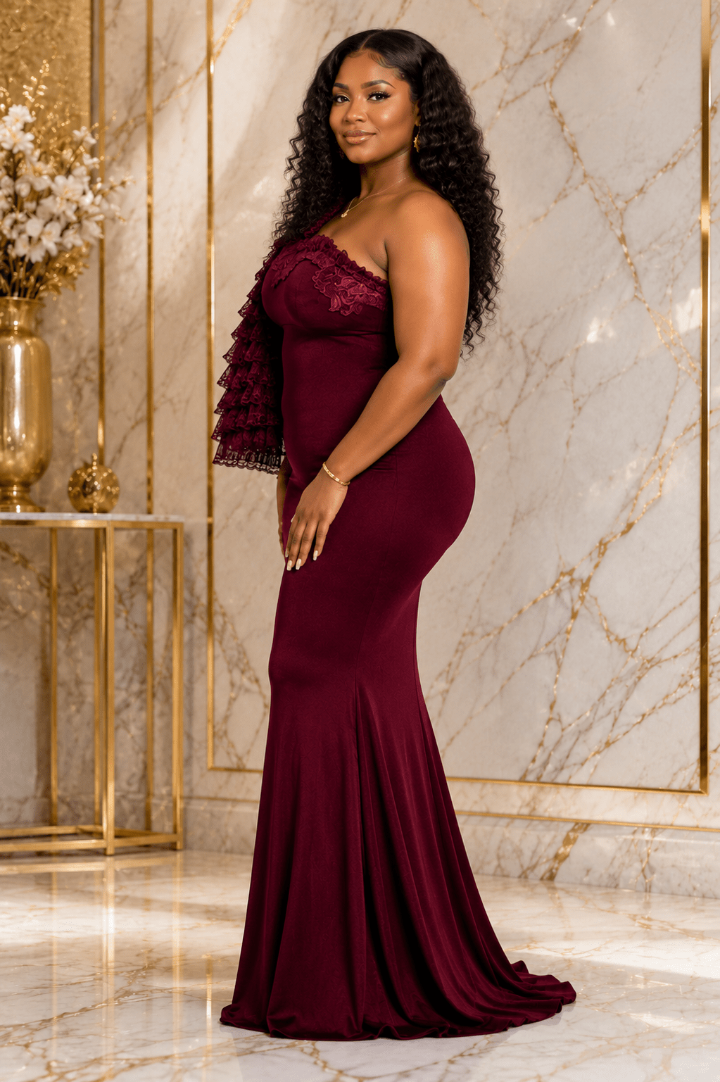 Women's One-Shoulder Mermaid Maxi Evening Dress – Elegant Ruffle Sleeve Formal Dress - Maxi Dress - Cherubim Aura