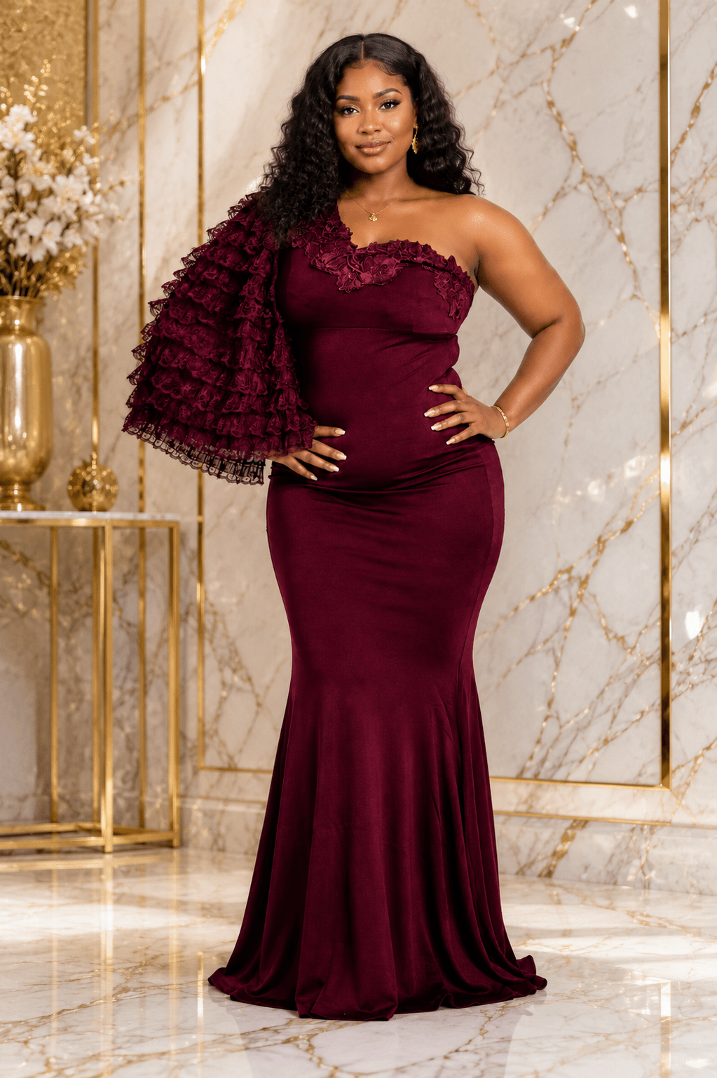 Women's One-Shoulder Mermaid Maxi Evening Dress – Elegant Ruffle Sleeve Formal Dress - Maxi Dress - Cherubim Aura