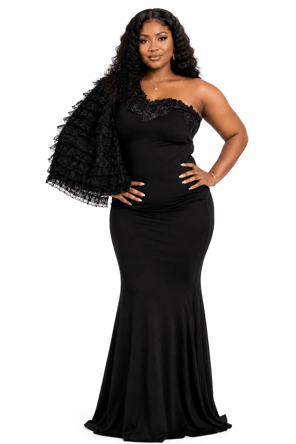 Women's One-Shoulder Mermaid Maxi Evening Dress – Elegant Ruffle Sleeve Formal Dress - Maxi Dress - Cherubim Aura