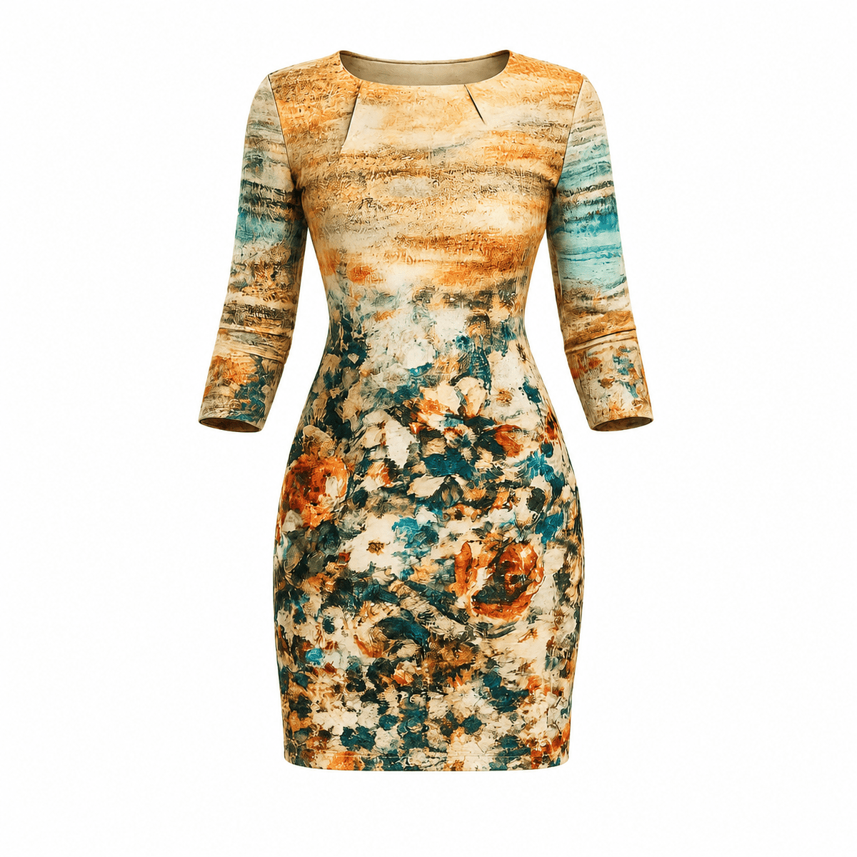 Women's Orange & Green Floral Print Bodycon Mini Dress – 3/4 Sleeve Elegant Pencil Dress - Mini Dress - Cherubim Aura