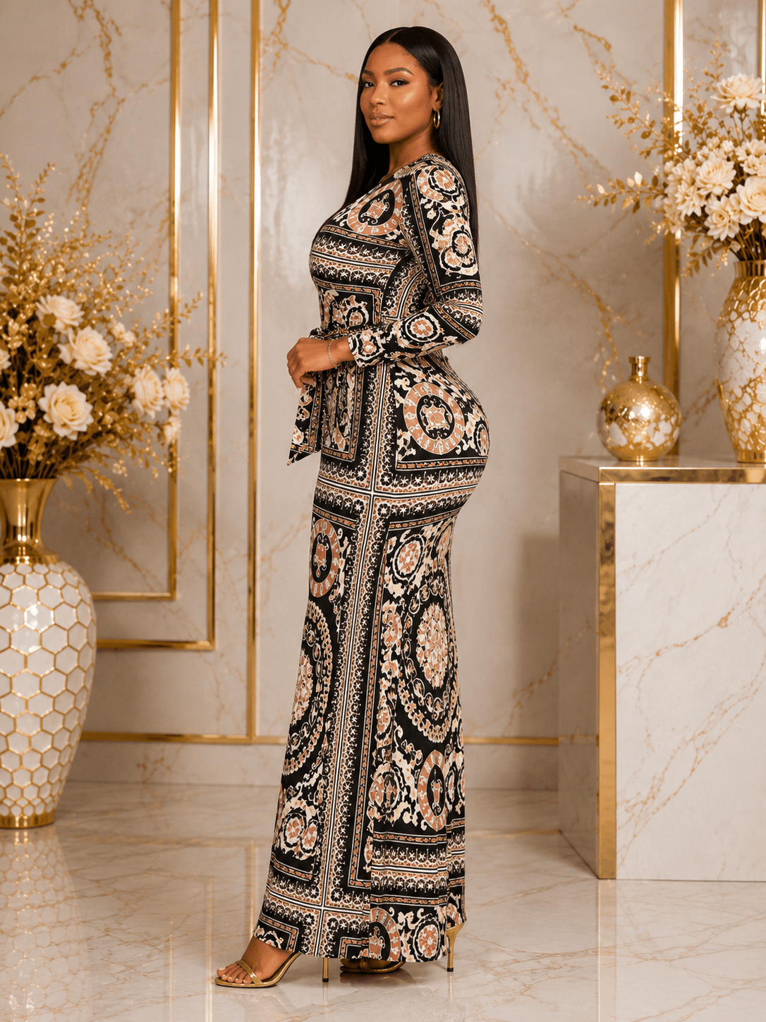 Women's Ornate Medallion Print Wrap Maxi Dress – Long Sleeve V-Neck Tie Waist Dress - Maxi Dress - Cherubim Aura