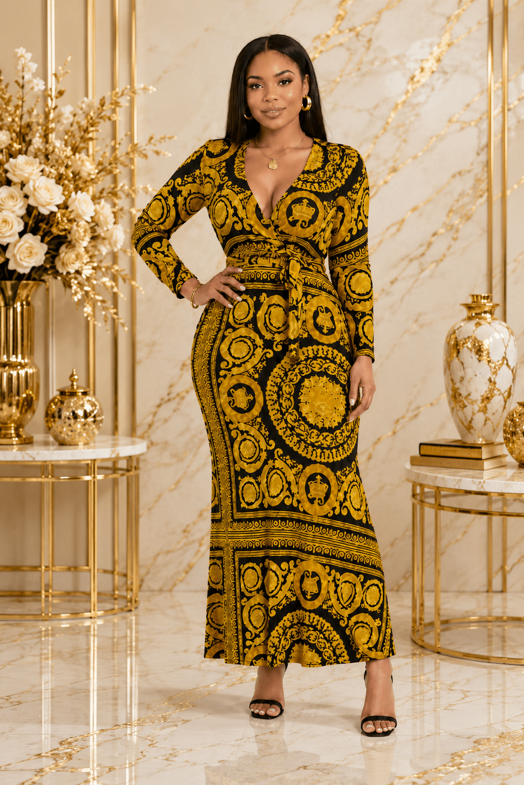 Women's Ornate Medallion Print Wrap Maxi Dress – Long Sleeve V-Neck Tie Waist Dress - Maxi Dress - Cherubim Aura
