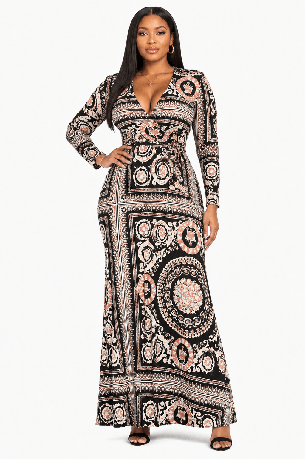 Women's Ornate Medallion Print Wrap Maxi Dress – Long Sleeve V-Neck Tie Waist Dress - Maxi Dress - Cherubim Aura