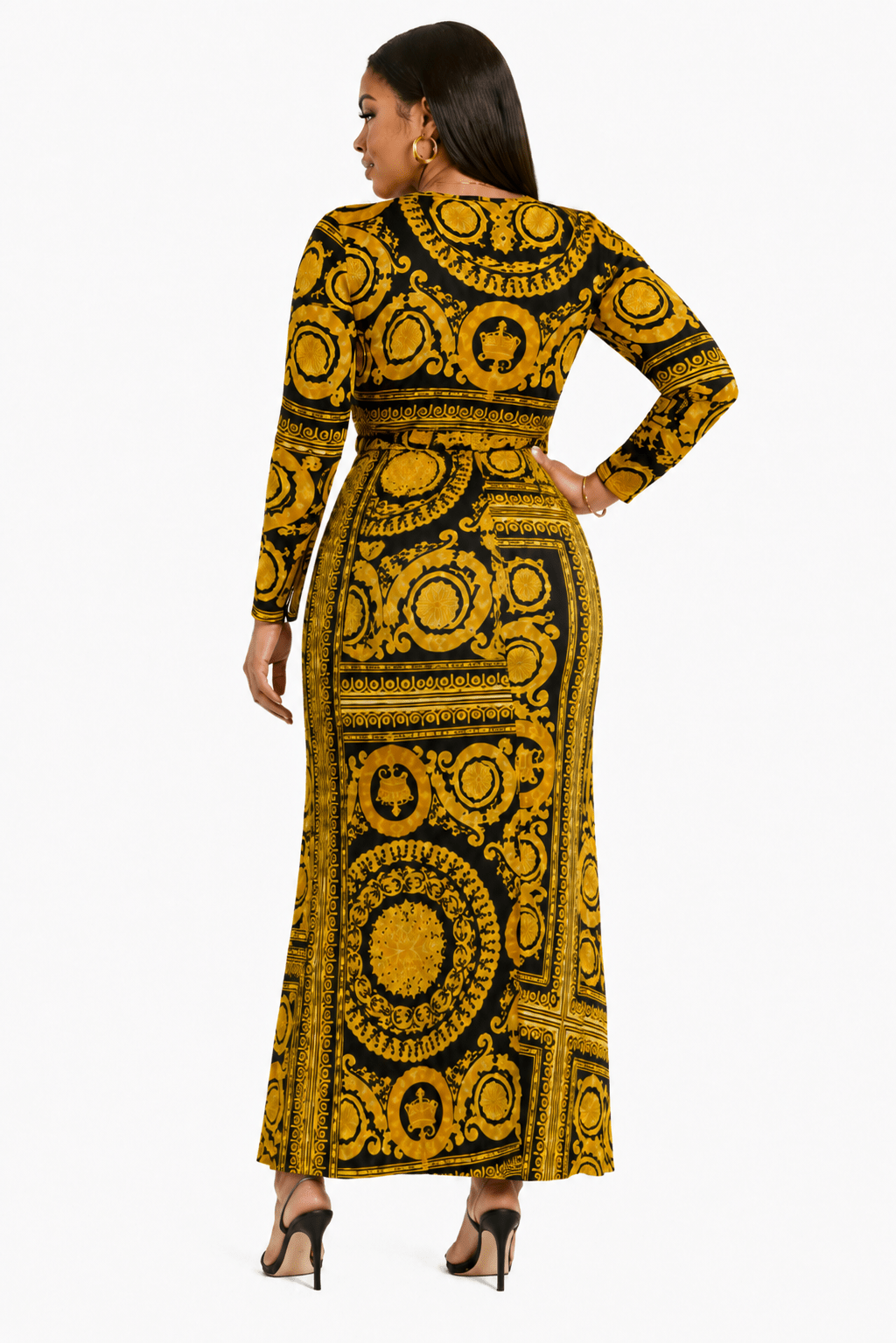 Women's Ornate Medallion Print Wrap Maxi Dress – Long Sleeve V-Neck Tie Waist Dress - Maxi Dress - Cherubim Aura