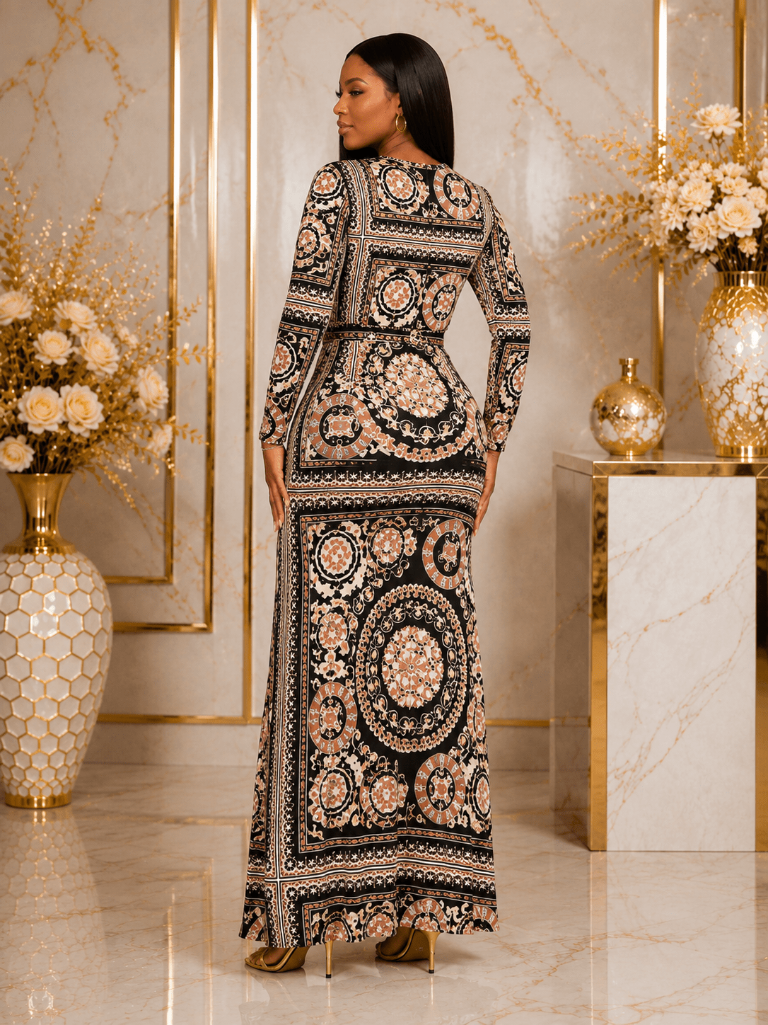 Women's Ornate Medallion Print Wrap Maxi Dress – Long Sleeve V-Neck Tie Waist Dress - Maxi Dress - Cherubim Aura