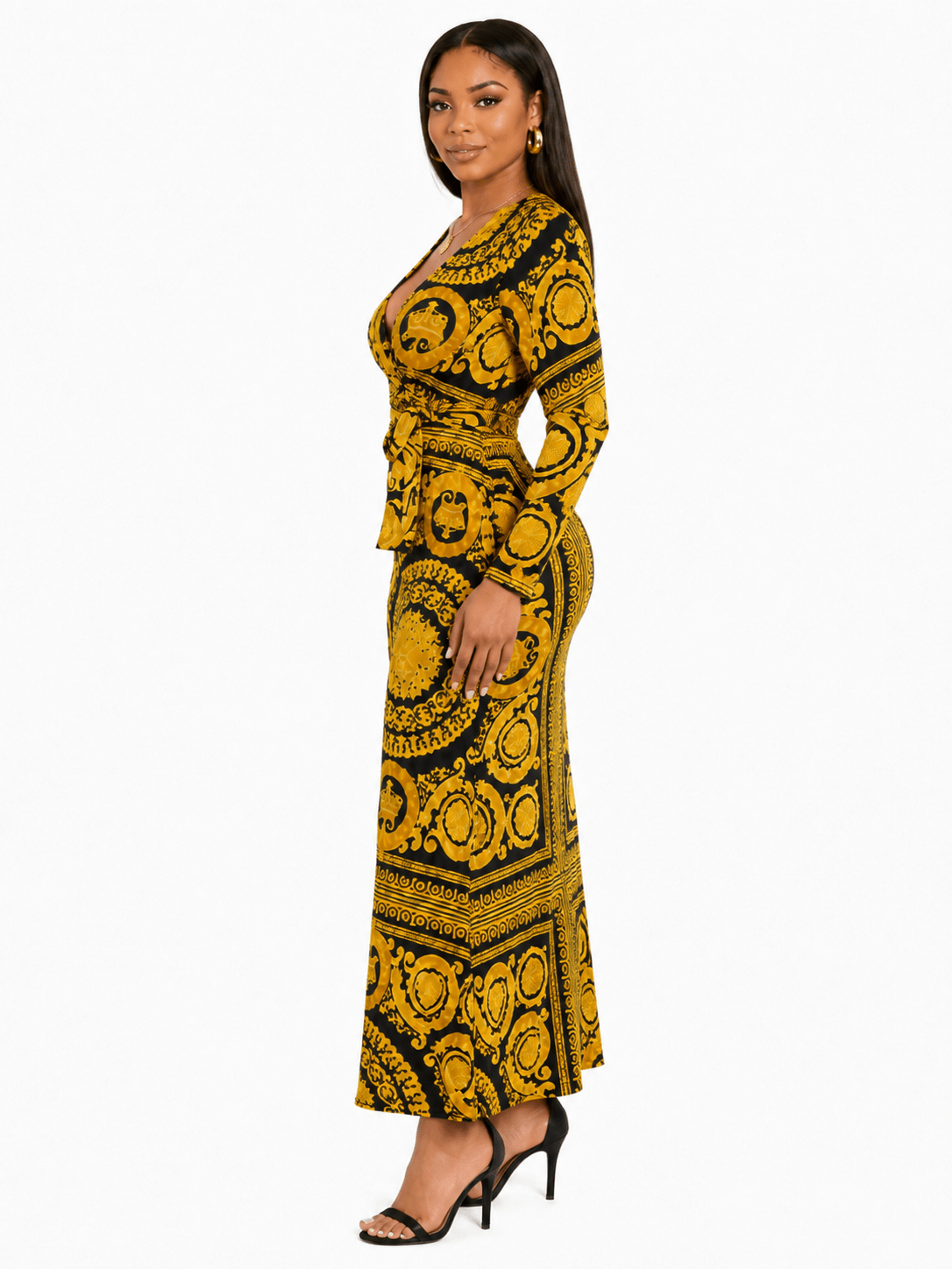 Women's Ornate Medallion Print Wrap Maxi Dress – Long Sleeve V-Neck Tie Waist Dress - Maxi Dress - Cherubim Aura