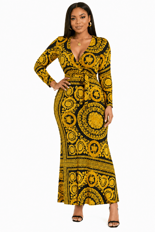 Women's Ornate Medallion Print Wrap Maxi Dress – Long Sleeve V-Neck Tie Waist Dress - Maxi Dress - Cherubim Aura