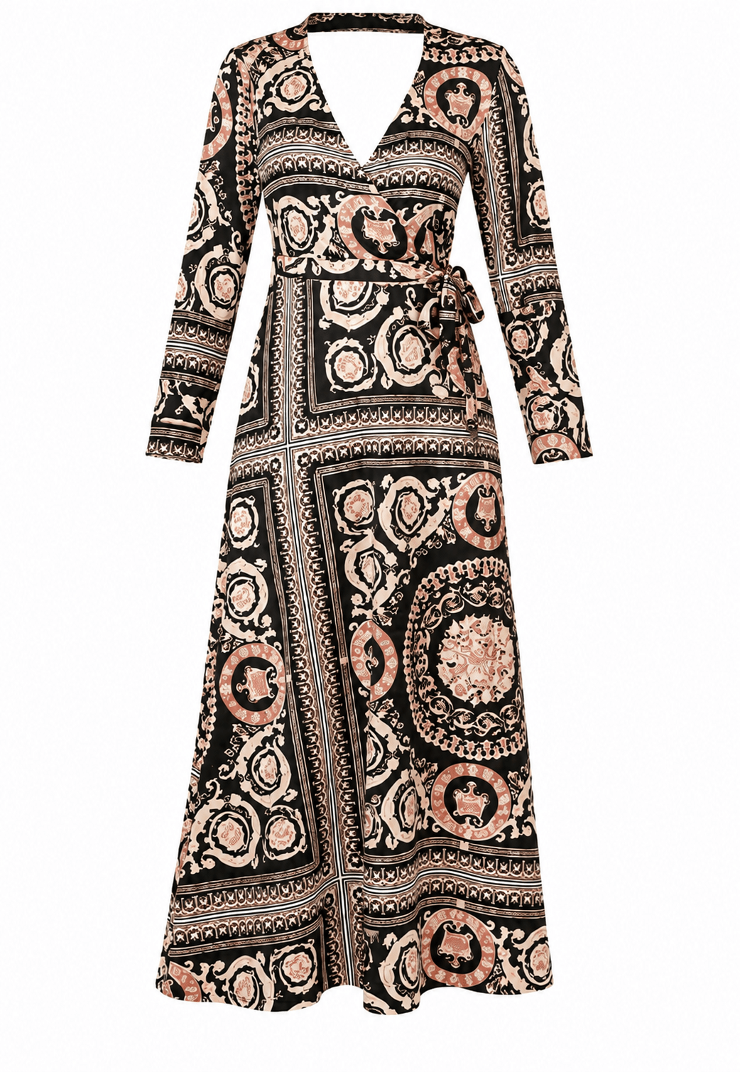 Women's Ornate Medallion Print Wrap Maxi Dress – Long Sleeve V-Neck Tie Waist Dress - Maxi Dress - Cherubim Aura