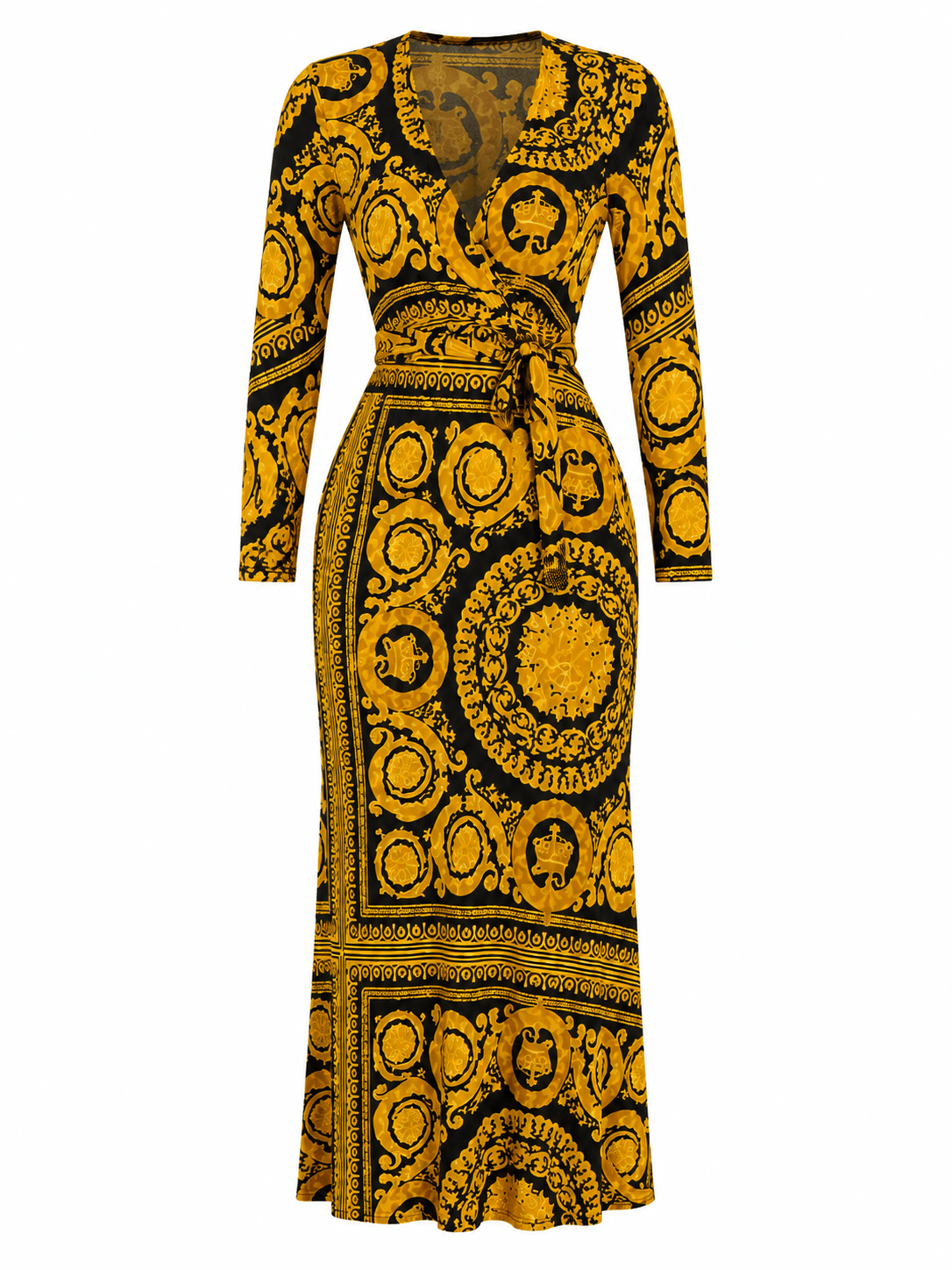 Women's Ornate Medallion Print Wrap Maxi Dress – Long Sleeve V-Neck Tie Waist Dress - Maxi Dress - Cherubim Aura