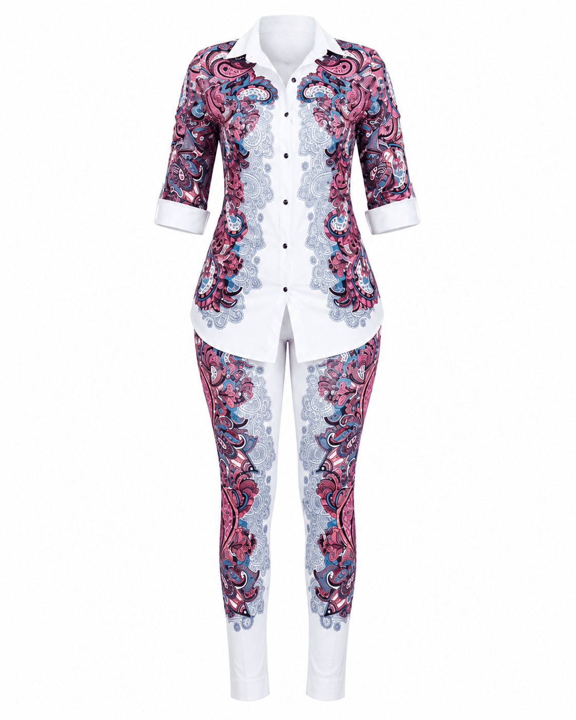Women's Paisley Print Two-Piece Pant Set – Button-Up Shirt & Slim Fit Trousers Co-Ord Set - Matching Set - Cherubim Aura