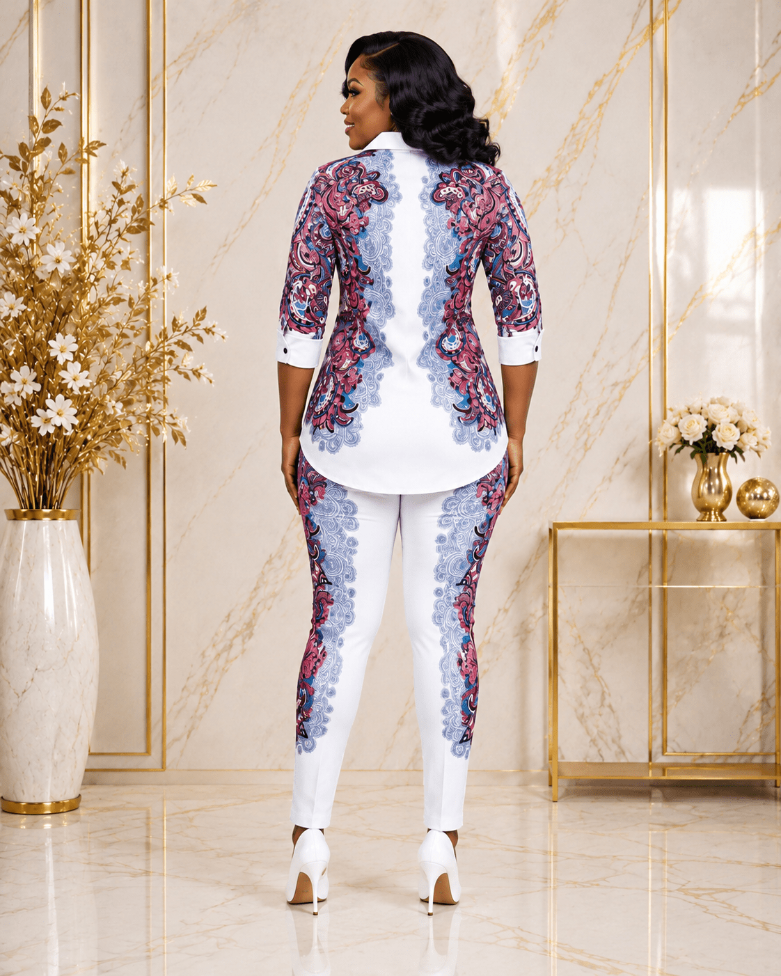 Women's Paisley Print Two-Piece Pant Set – Button-Up Shirt & Slim Fit Trousers Co-Ord Set - Matching Set - Cherubim Aura