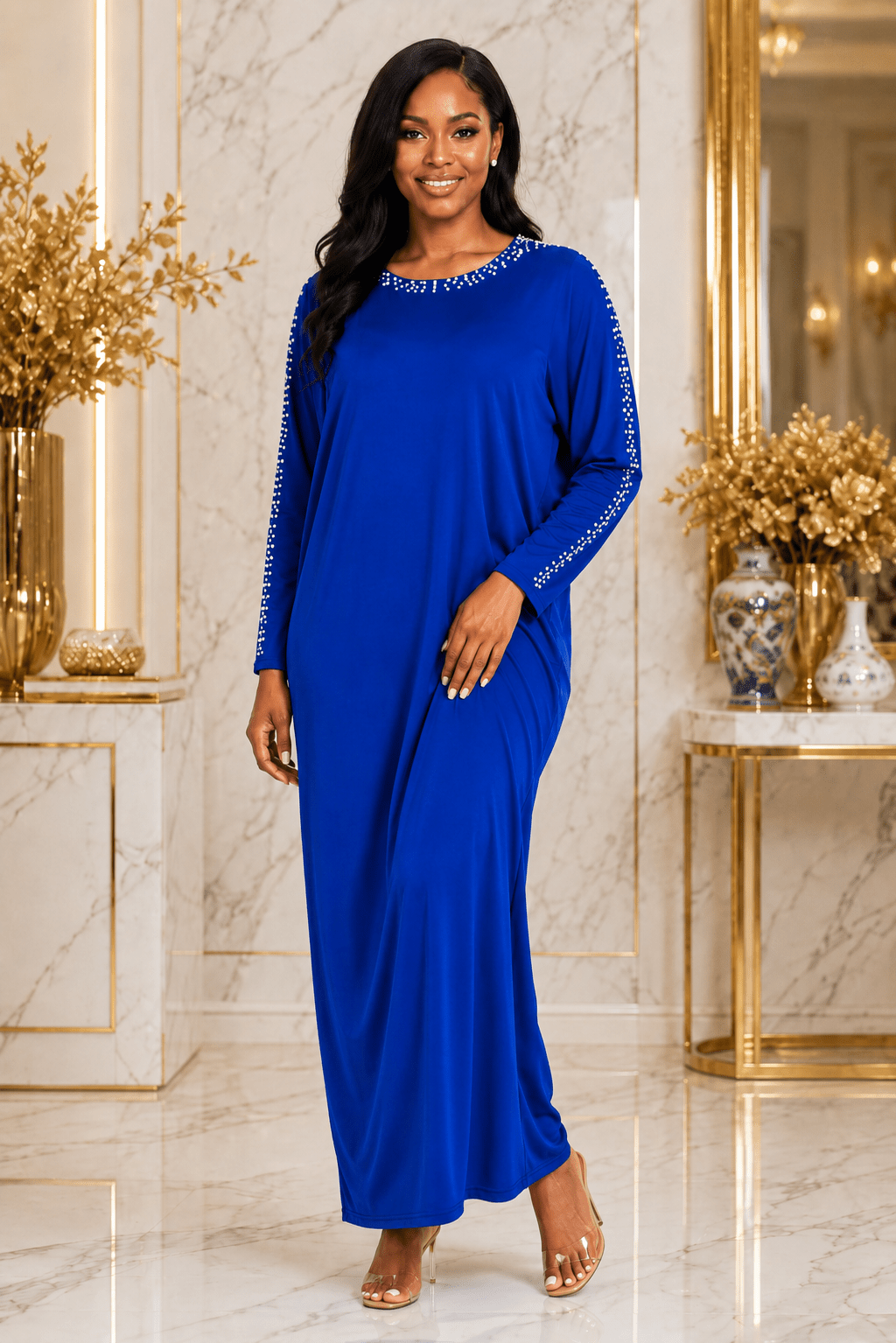 Women's Pearl Embellished Maxi Dress – Elegant Batwing Long Sleeve Relaxed Fit Maxi Dress (UK 10–20) - Maxi Dress - Cherubim Aura