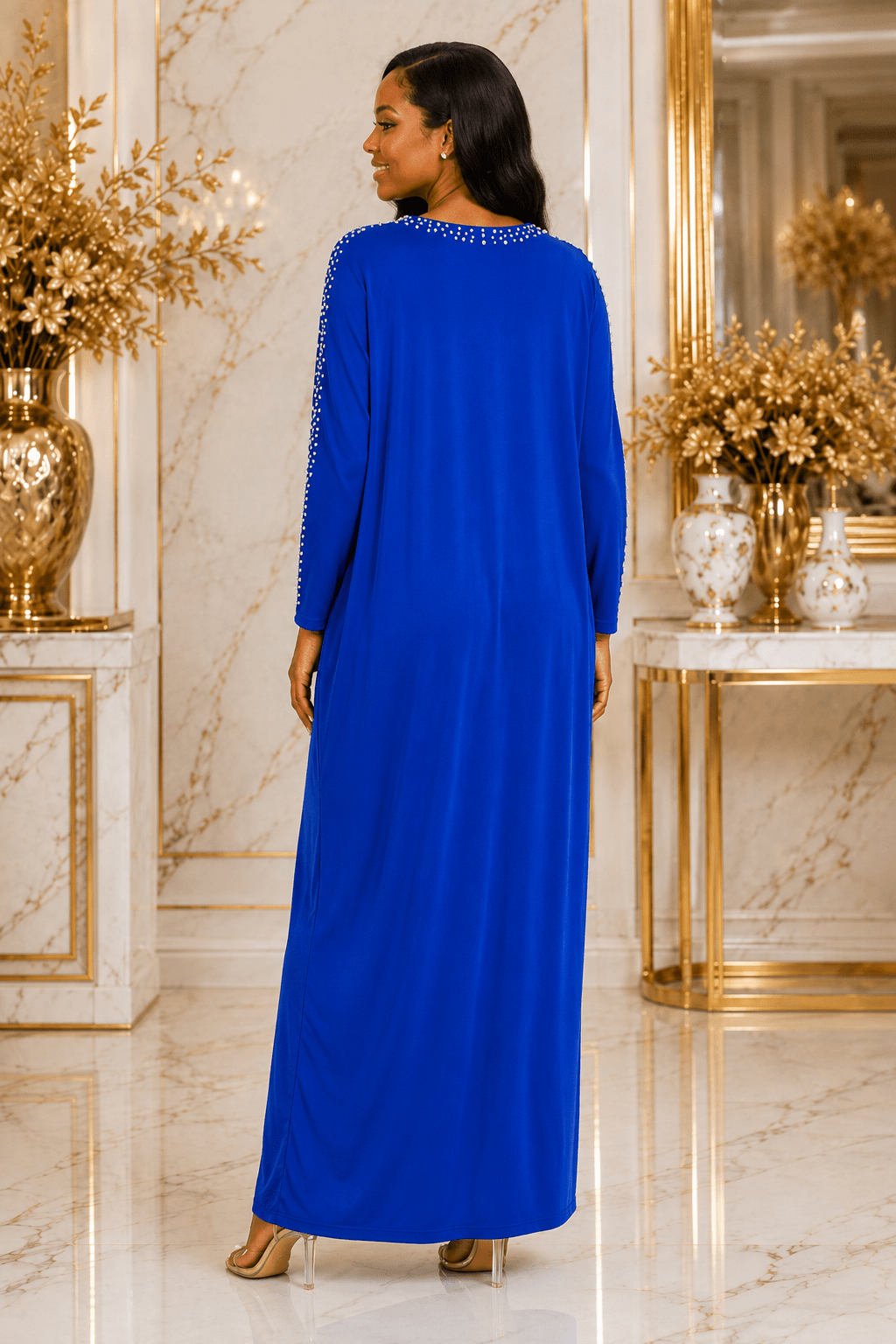 Women's Pearl Embellished Maxi Dress – Elegant Batwing Long Sleeve Relaxed Fit Maxi Dress (UK 10–20) - Maxi Dress - Cherubim Aura