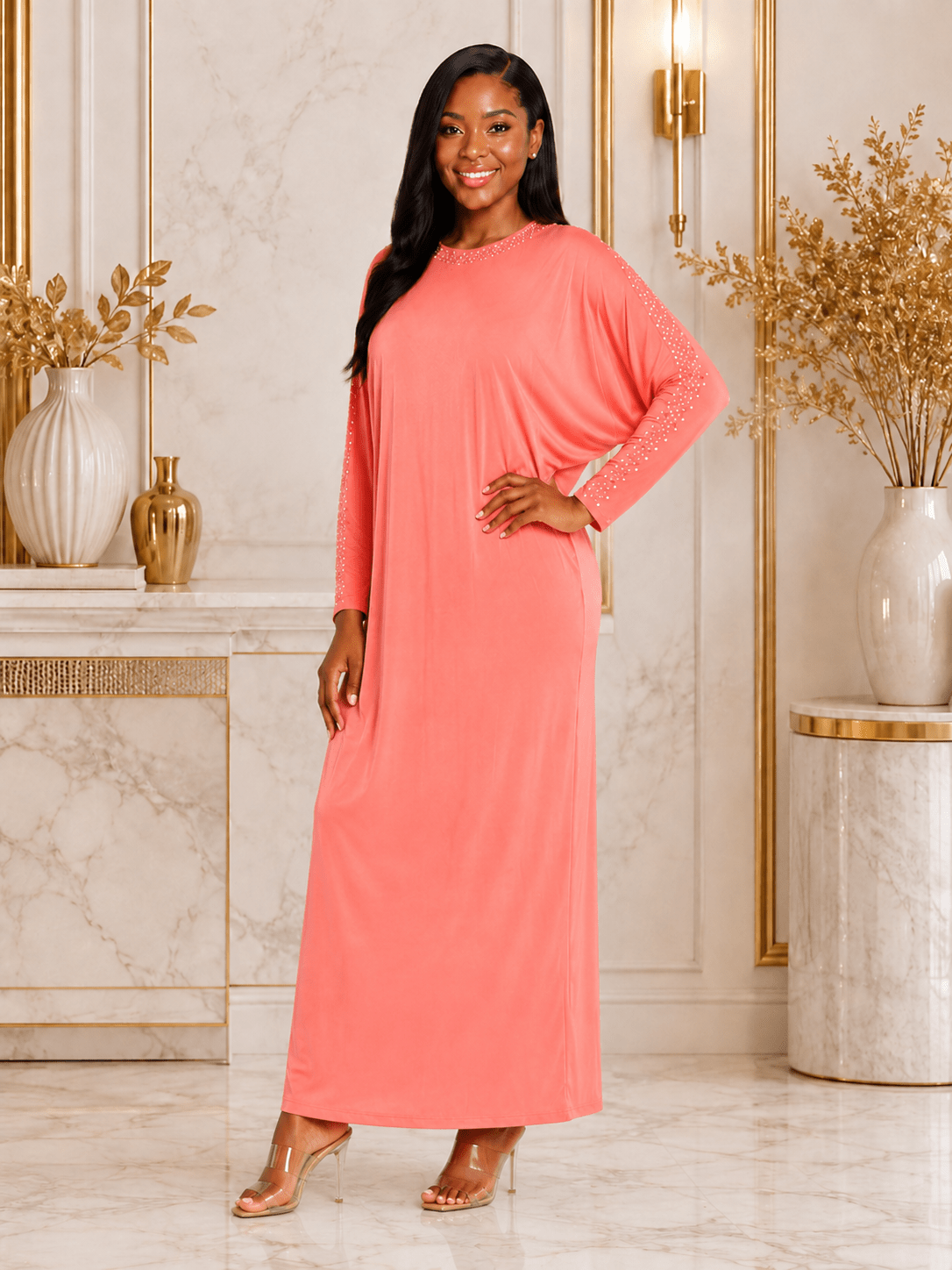 Women's Pearl Embellished Maxi Dress – Elegant Batwing Long Sleeve Relaxed Fit Maxi Dress (UK 10–20) - Maxi Dress - Cherubim Aura
