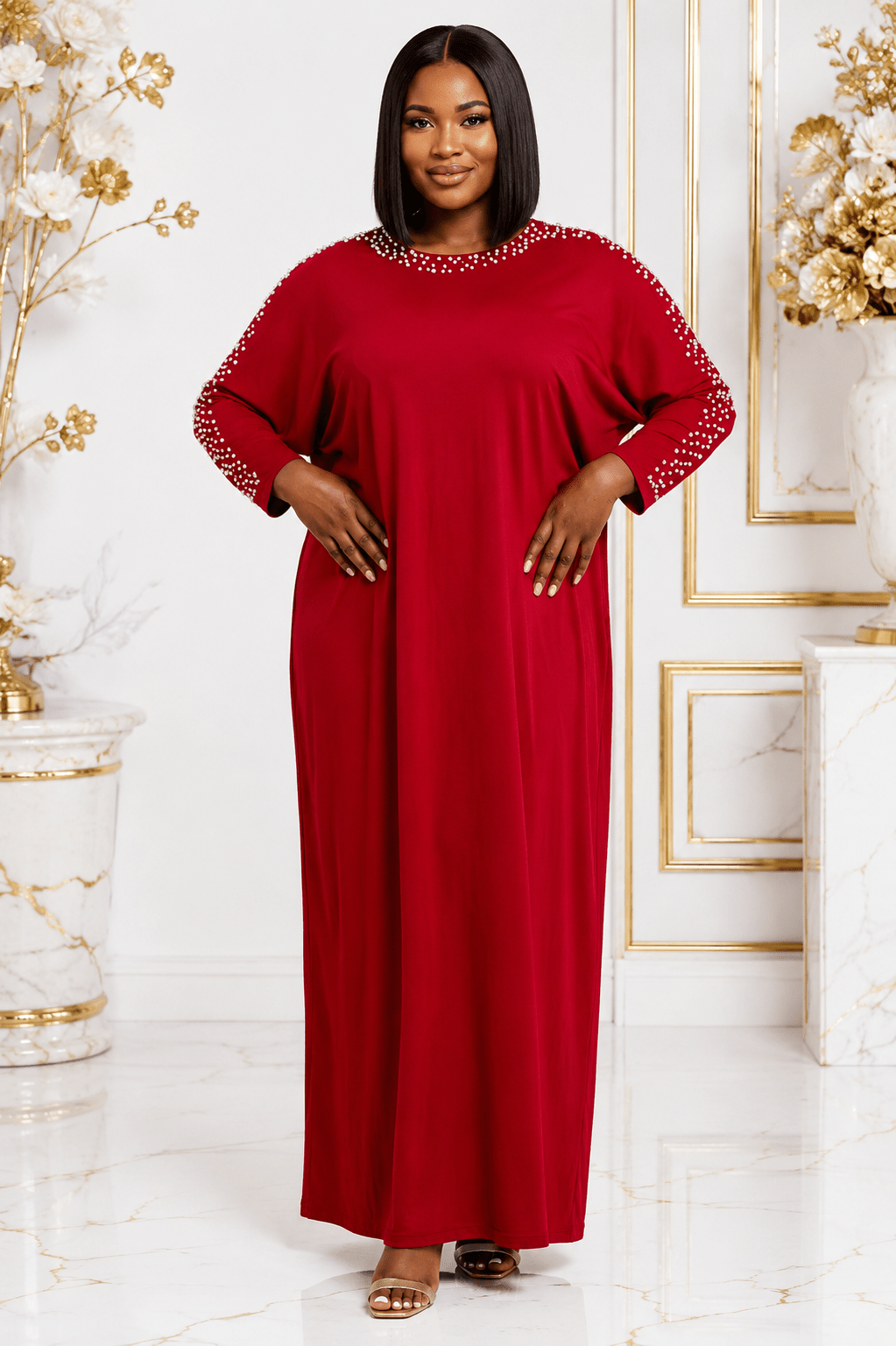 Women's Pearl Embellished Maxi Dress – Elegant Batwing Long Sleeve Relaxed Fit Maxi Dress (UK 10–20) - Maxi Dress - Cherubim Aura