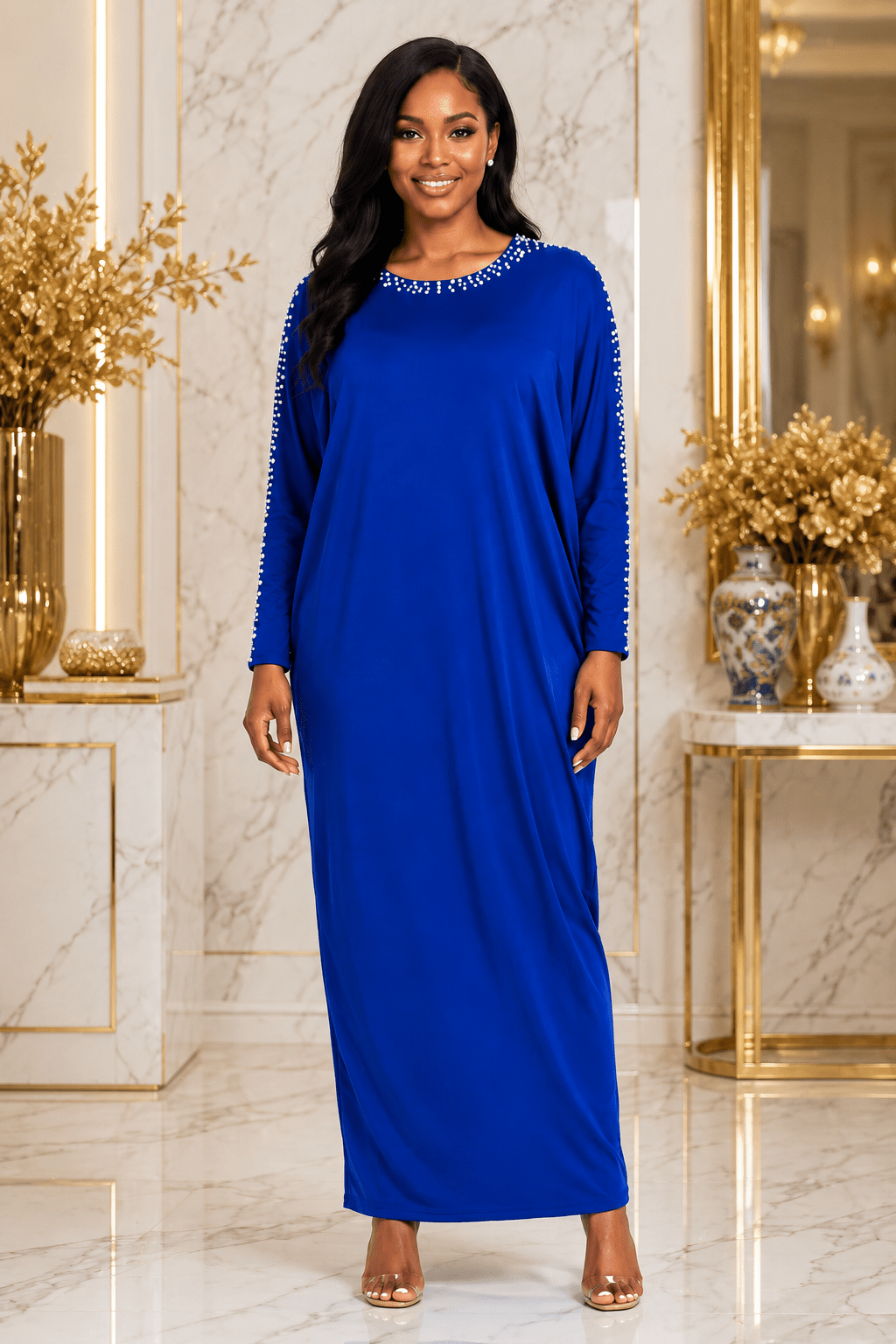 Women's Pearl Embellished Maxi Dress – Elegant Batwing Long Sleeve Relaxed Fit Maxi Dress (UK 10–20) - Maxi Dress - Cherubim Aura