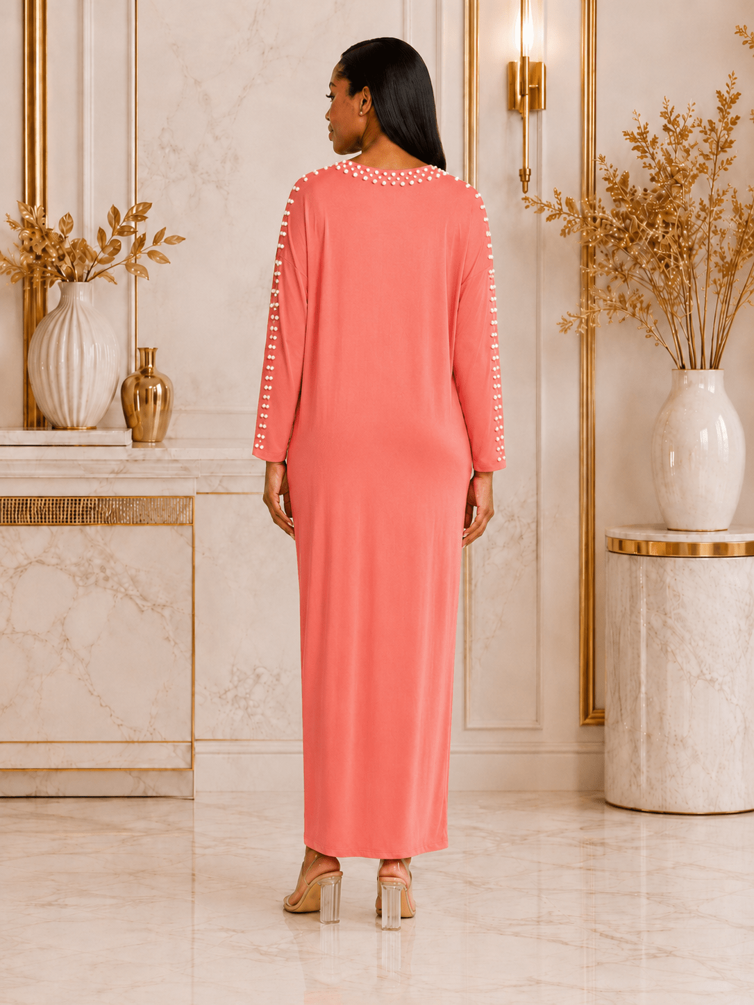 Women's Pearl Embellished Maxi Dress – Elegant Batwing Long Sleeve Relaxed Fit Maxi Dress (UK 10–20) - Maxi Dress - Cherubim Aura
