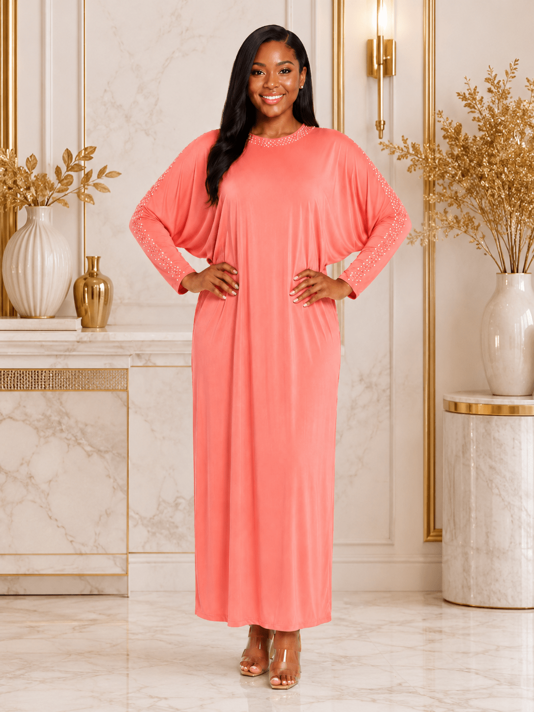 Women's Pearl Embellished Maxi Dress – Elegant Batwing Long Sleeve Relaxed Fit Maxi Dress (UK 10–20) - Maxi Dress - Cherubim Aura