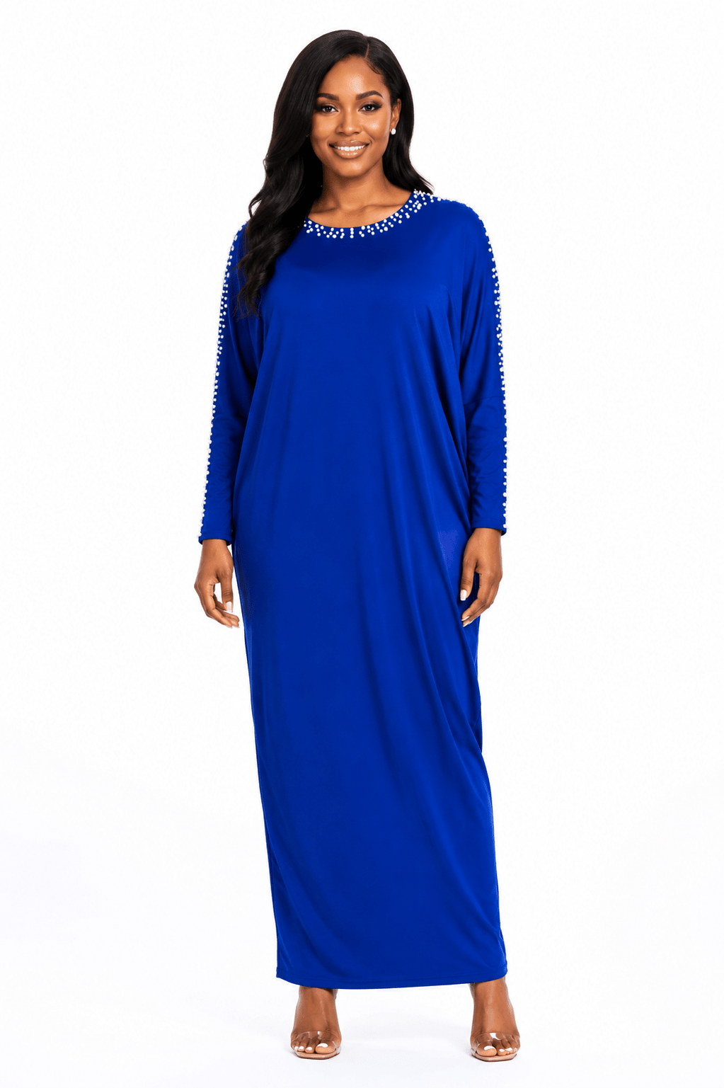 Women's Pearl Embellished Maxi Dress – Elegant Batwing Long Sleeve Relaxed Fit Maxi Dress (UK 10–20) - Maxi Dress - Cherubim Aura