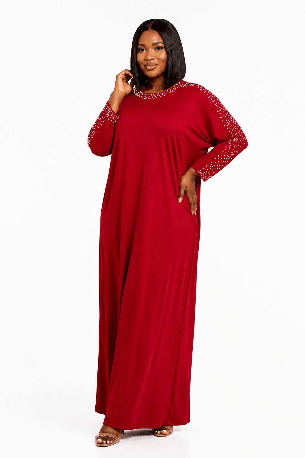 Women's Pearl Embellished Maxi Dress – Elegant Batwing Long Sleeve Relaxed Fit Maxi Dress (UK 10–20) - Maxi Dress - Cherubim Aura