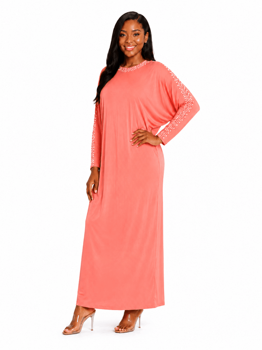 Women's Pearl Embellished Maxi Dress – Elegant Batwing Long Sleeve Relaxed Fit Maxi Dress (UK 10–20) - Maxi Dress - Cherubim Aura