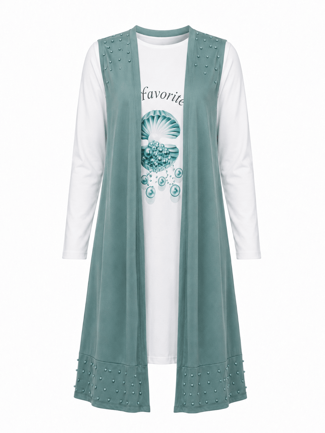 Women's Pearl Trim Layered Look Mini Dress – Long Sleeve Graphic T-Shirt Dress with Open Front Sleeveless Cardigan (Sage Green & Burgundy) - Mini Dress - Cherubim Aura