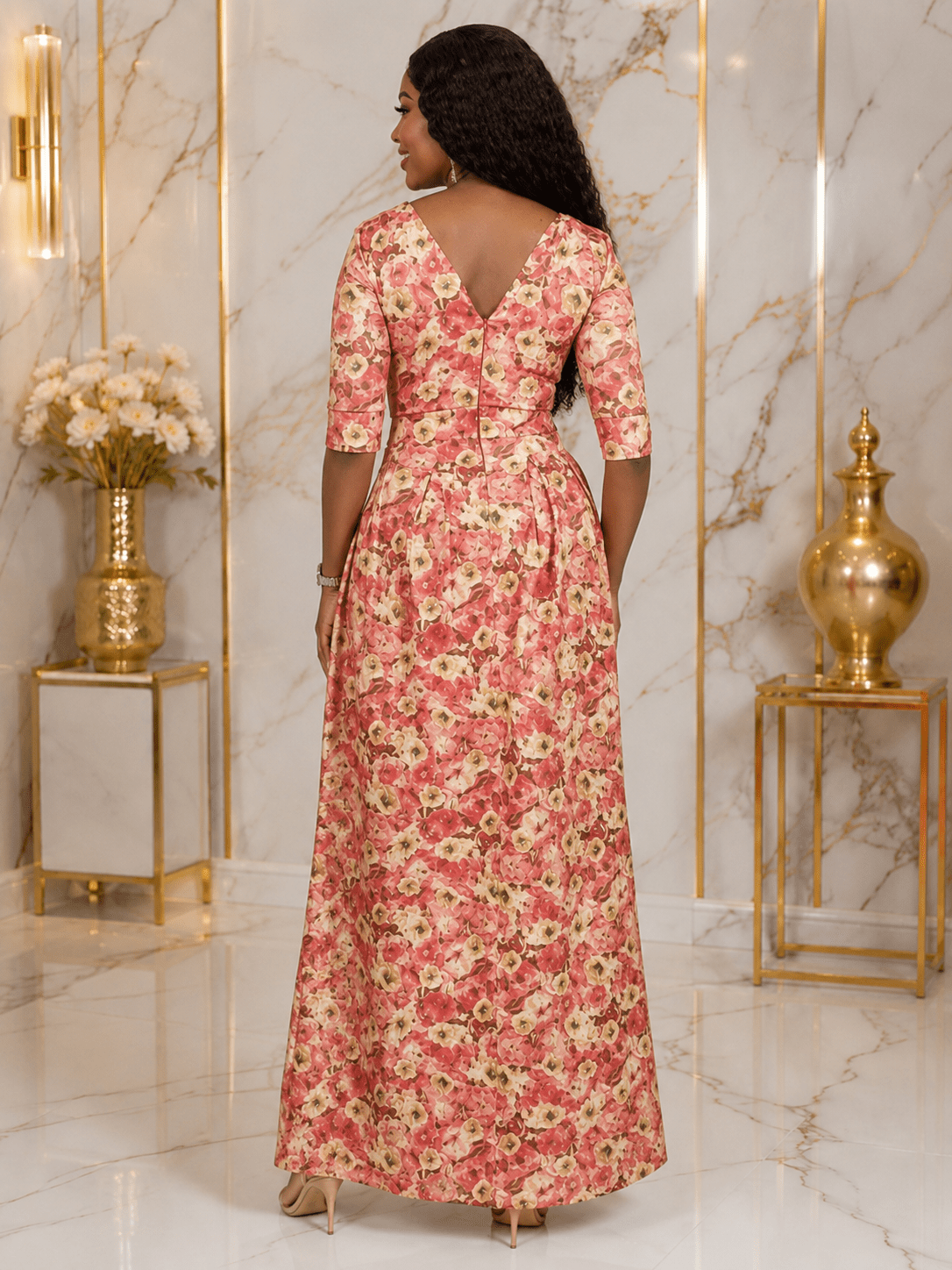 Women's Pink Floral A-Line Maxi Dress – Elegant 3/4 Sleeve Round Neck Long Dress - Maxi Dress - Cherubim Aura