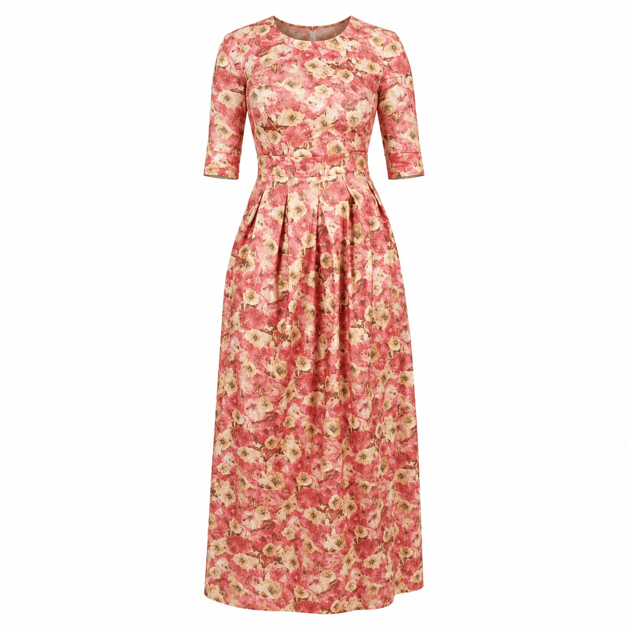 Women's Pink Floral A-Line Maxi Dress – Elegant 3/4 Sleeve Round Neck Long Dress - Maxi Dress - Cherubim Aura