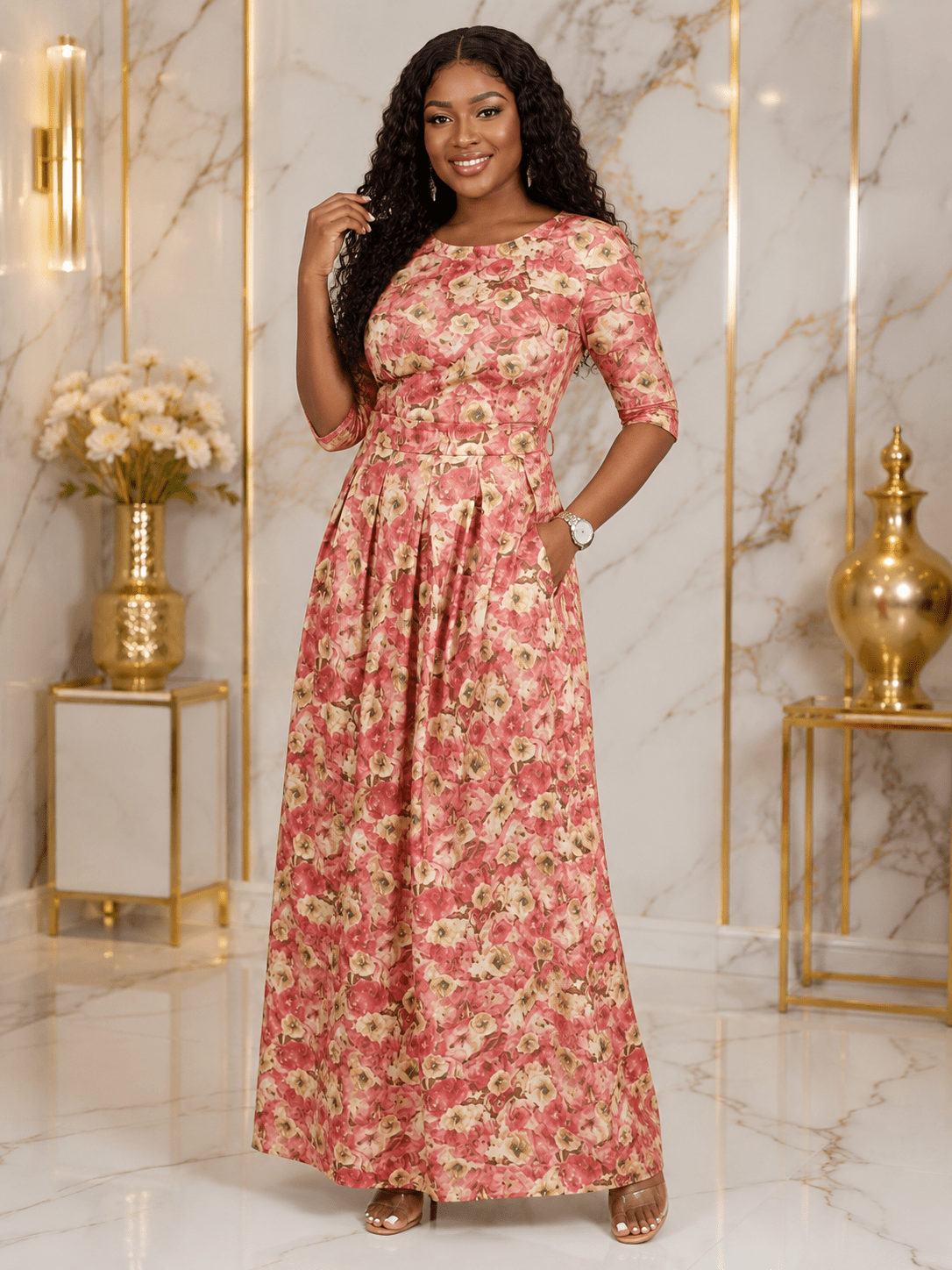 Women's Pink Floral A-Line Maxi Dress – Elegant 3/4 Sleeve Round Neck Long Dress - Maxi Dress - Cherubim Aura