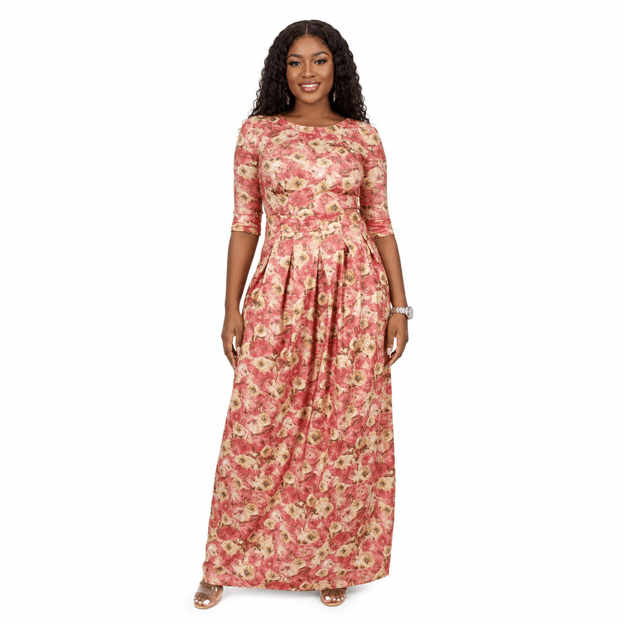 Women's Pink Floral A-Line Maxi Dress – Elegant 3/4 Sleeve Round Neck Long Dress - Maxi Dress - Cherubim Aura