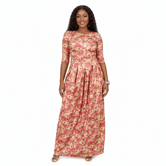 Women's Pink Floral A-Line Maxi Dress – Elegant 3/4 Sleeve Round Neck Long Dress - Maxi Dress - Cherubim Aura