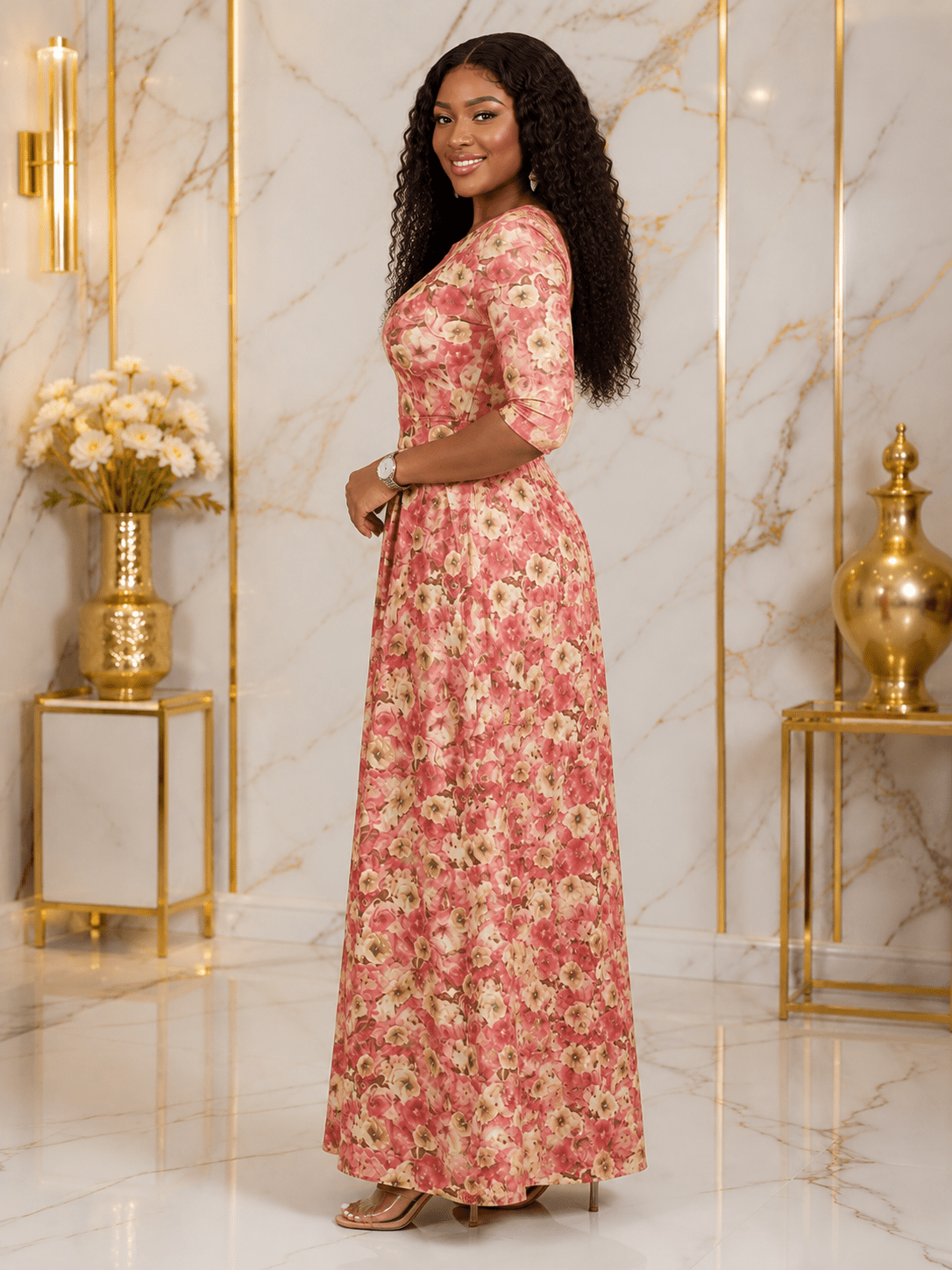 Women's Pink Floral A-Line Maxi Dress – Elegant 3/4 Sleeve Round Neck Long Dress - Maxi Dress - Cherubim Aura