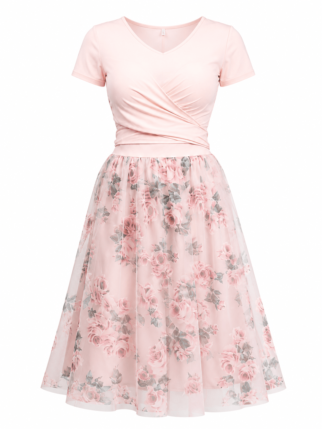 Women's Pink Floral Two-Piece Skirt Set | Wrap V-Neck Top & Mesh A-Line Floral Skirt Outfit - Matching Set - Cherubim Aura