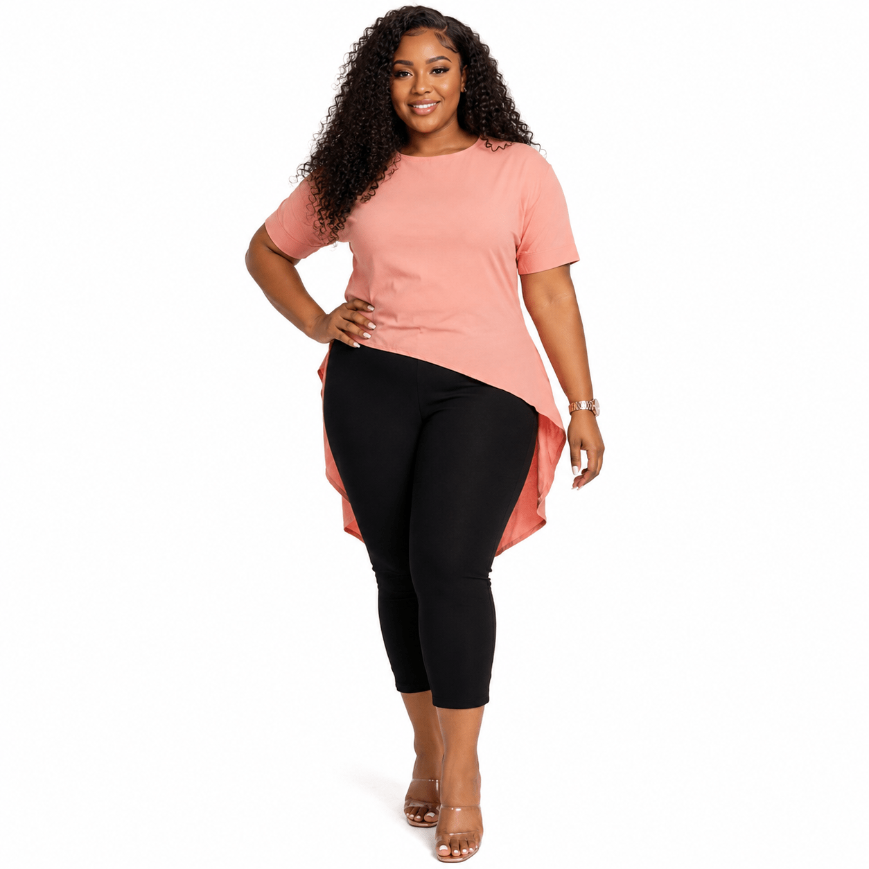 Women's Pink High-Low Tunic Top – Plus Size Short Sleeve Round Neck Longline Casual Blouse - Top - Cherubim Aura