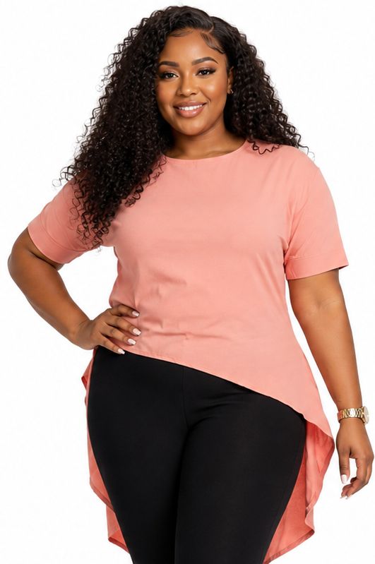 Women's Pink High-Low Tunic Top – Plus Size Short Sleeve Round Neck Longline Casual Blouse - Top - Cherubim Aura