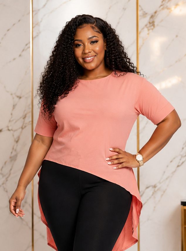 Women's Pink High-Low Tunic Top – Plus Size Short Sleeve Round Neck Longline Casual Blouse - Top - Cherubim Aura