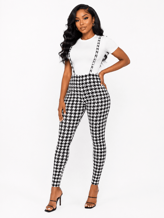 Women’s Plaid & Houndstooth Suspender Trousers – High Waist Slim Fit Dungarees - Trouser - Cherubim Aura