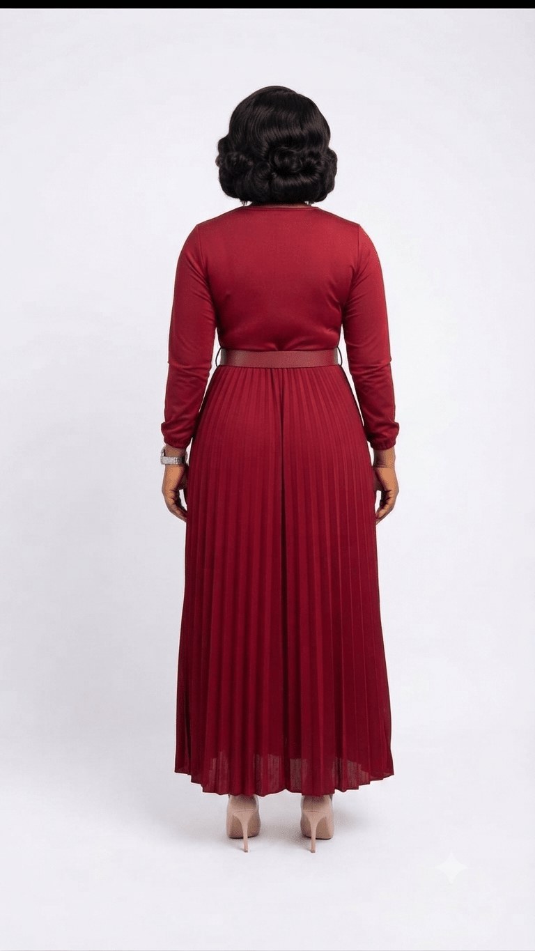 Women's Pleated Maxi Dress with Belt | Long Sleeve Round Neck Elegant Modest Dress - Maxi Dress - Cherubim Aura