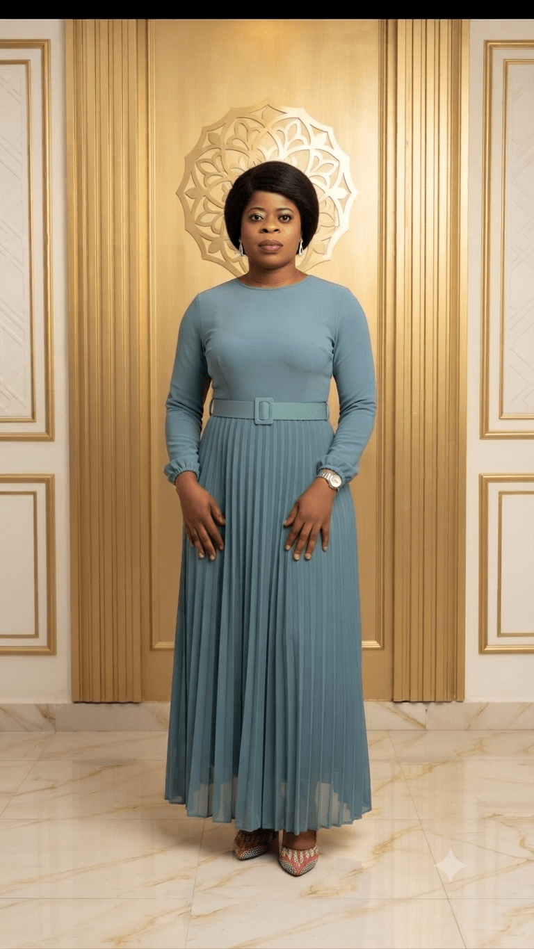 Women's Pleated Maxi Dress with Belt | Long Sleeve Round Neck Elegant Modest Dress - Maxi Dress - Cherubim Aura