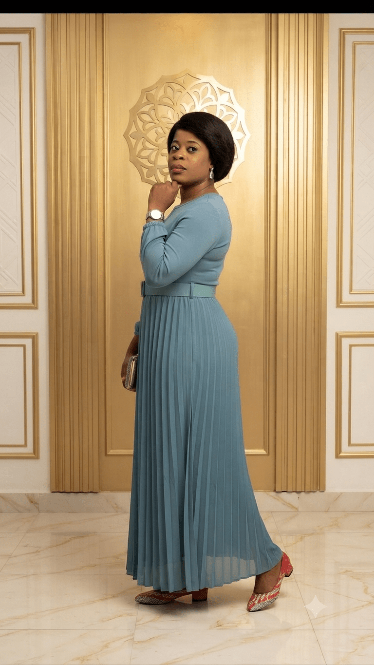 Women's Pleated Maxi Dress with Belt | Long Sleeve Round Neck Elegant Modest Dress - Maxi Dress - Cherubim Aura