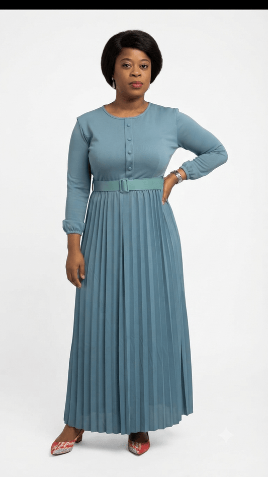 Women's Pleated Maxi Dress with Belt | Long Sleeve Round Neck Elegant Modest Dress - Maxi Dress - Cherubim Aura