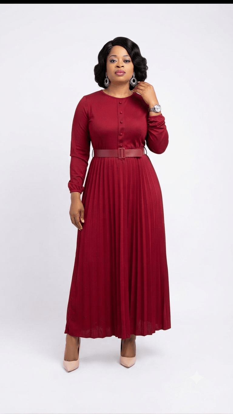 Women's Pleated Maxi Dress with Belt | Long Sleeve Round Neck Elegant Modest Dress - Maxi Dress - Cherubim Aura
