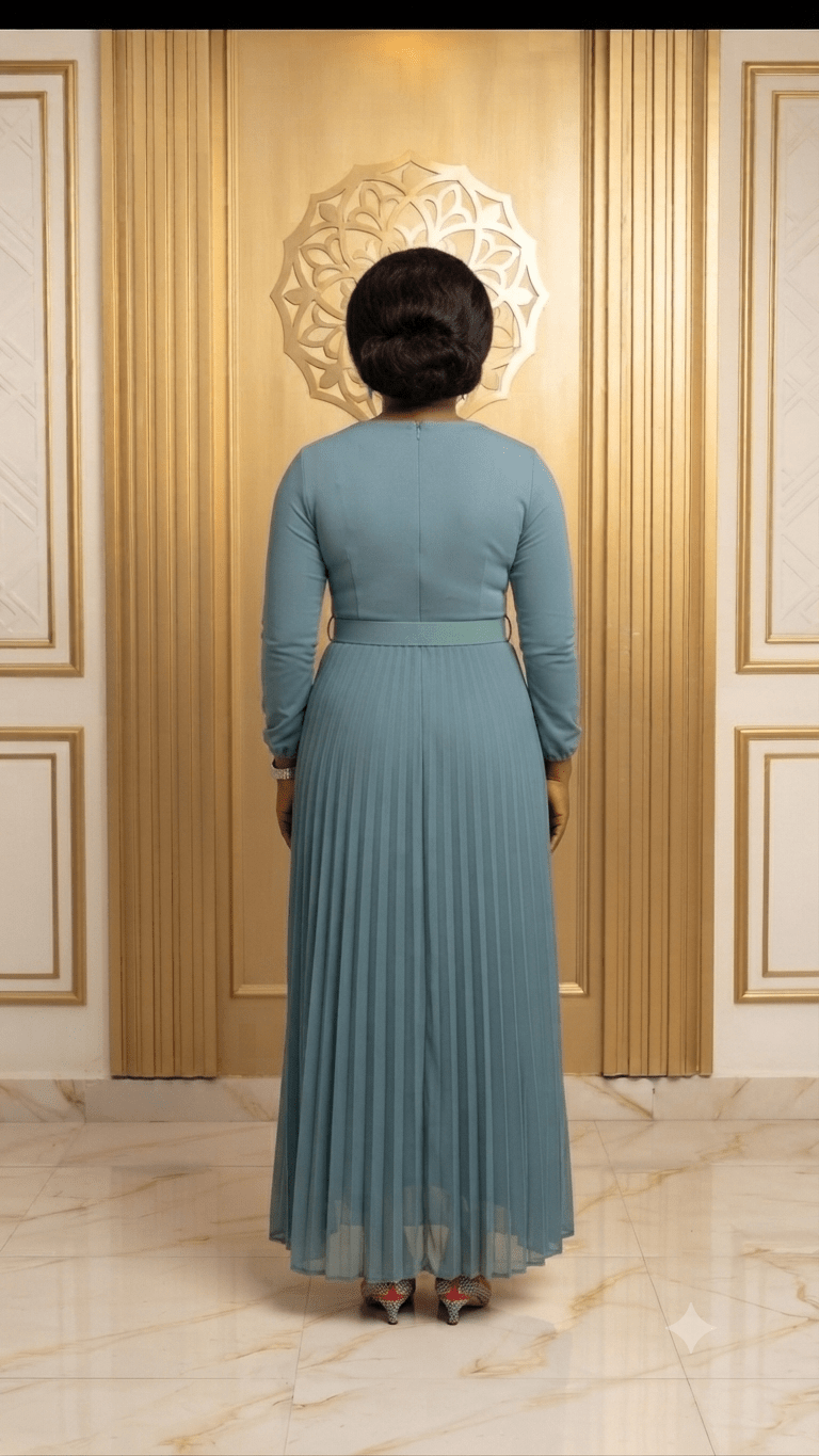 Women's Pleated Maxi Dress with Belt | Long Sleeve Round Neck Elegant Modest Dress - Maxi Dress - Cherubim Aura