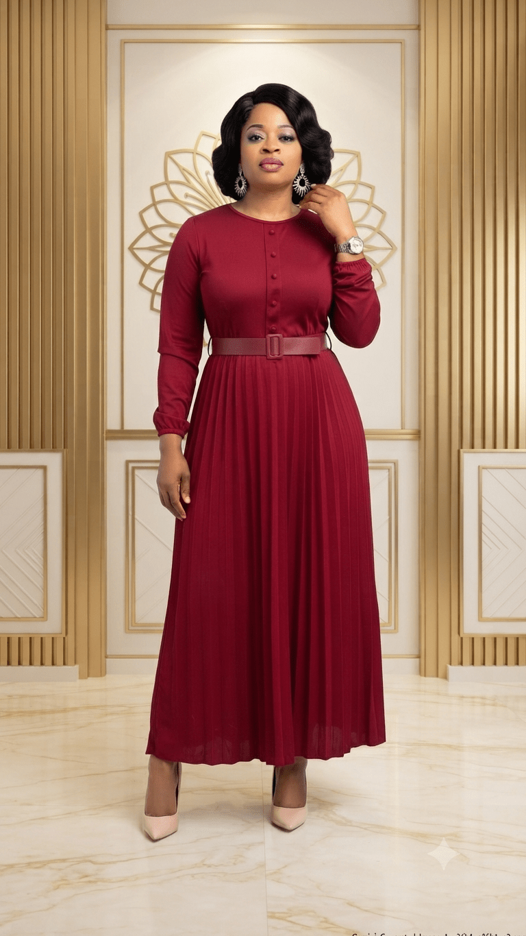 Women's Pleated Maxi Dress with Belt | Long Sleeve Round Neck Elegant Modest Dress - Maxi Dress - Cherubim Aura